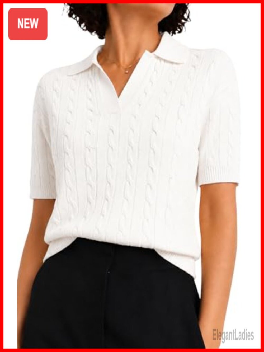 Cable Knit Short Sleeve Sweater Women's V Neck Polo Top Soft Knit Office